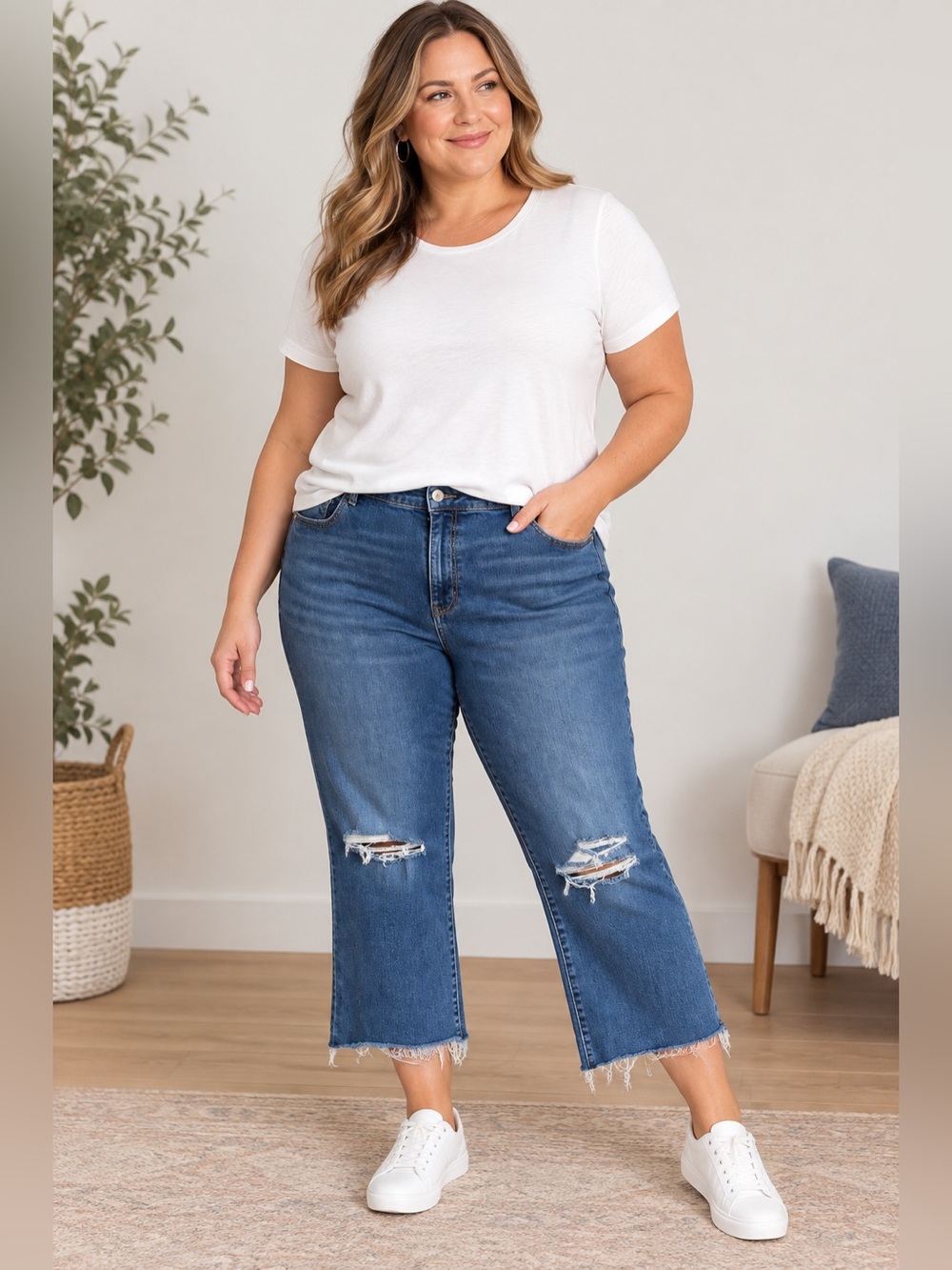 American Eagle Plus Size Distressed Crop Jeans - Blue